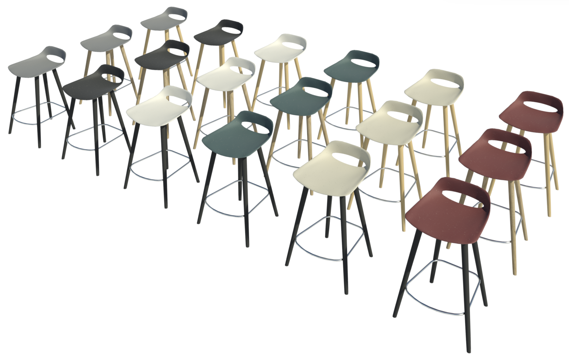 Revit renders of 18 Occo bar stools with possible seat and frame materials configuration.